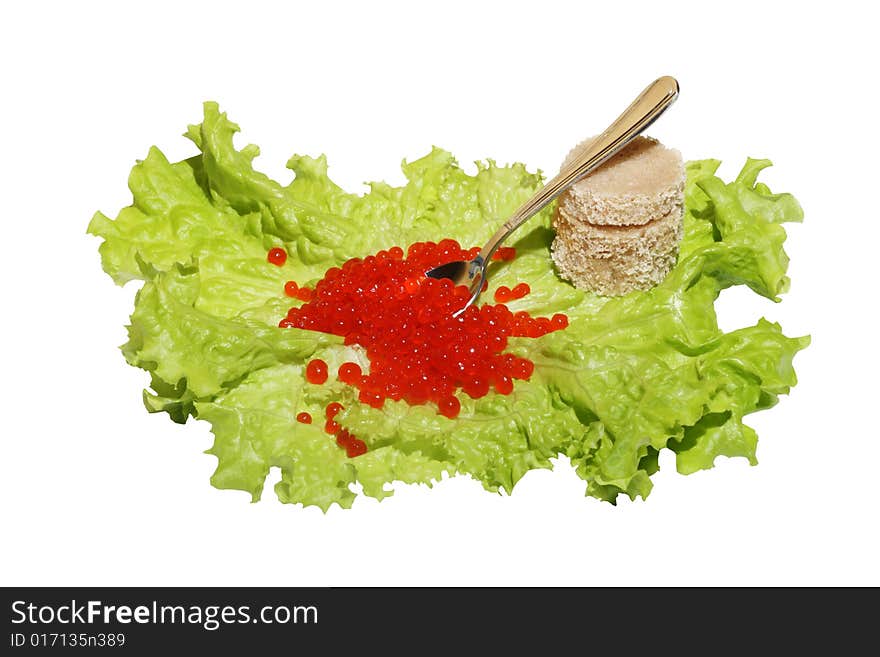 Red caviar  with bread on lettuce. Red caviar  with bread on lettuce