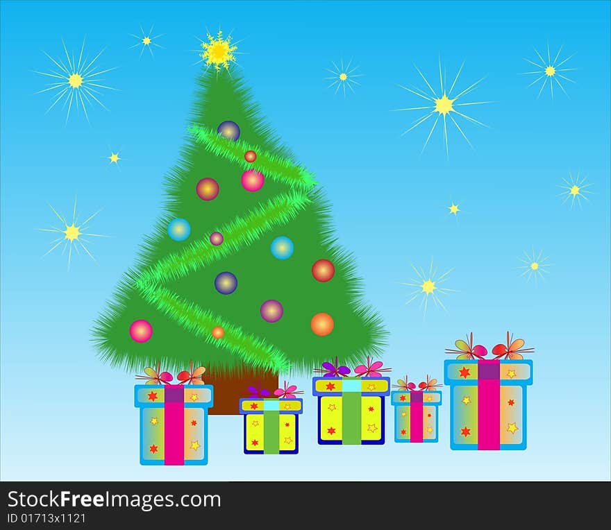 Christmas tree with colorful gifts boxes and starry sky. Also as .eps file with layers.