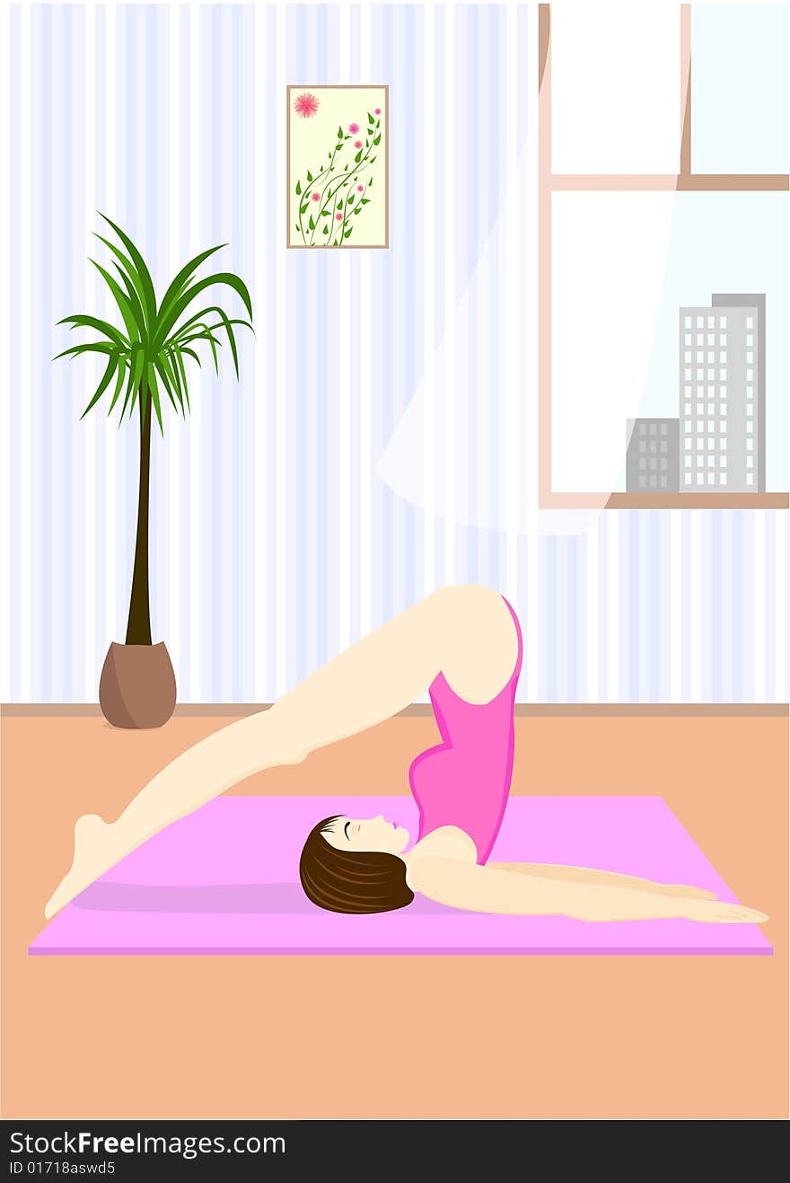 Young woman doing the yoga pose Hala Asana or Plough Pose in home