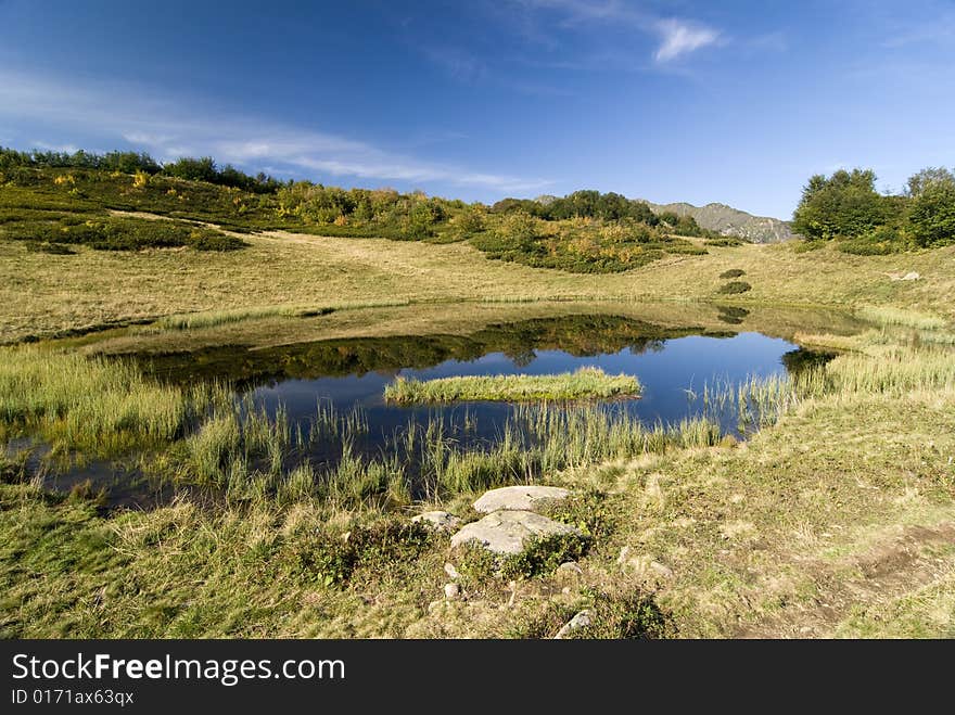 Alpine lake, reflection in the water, grass, blue sky