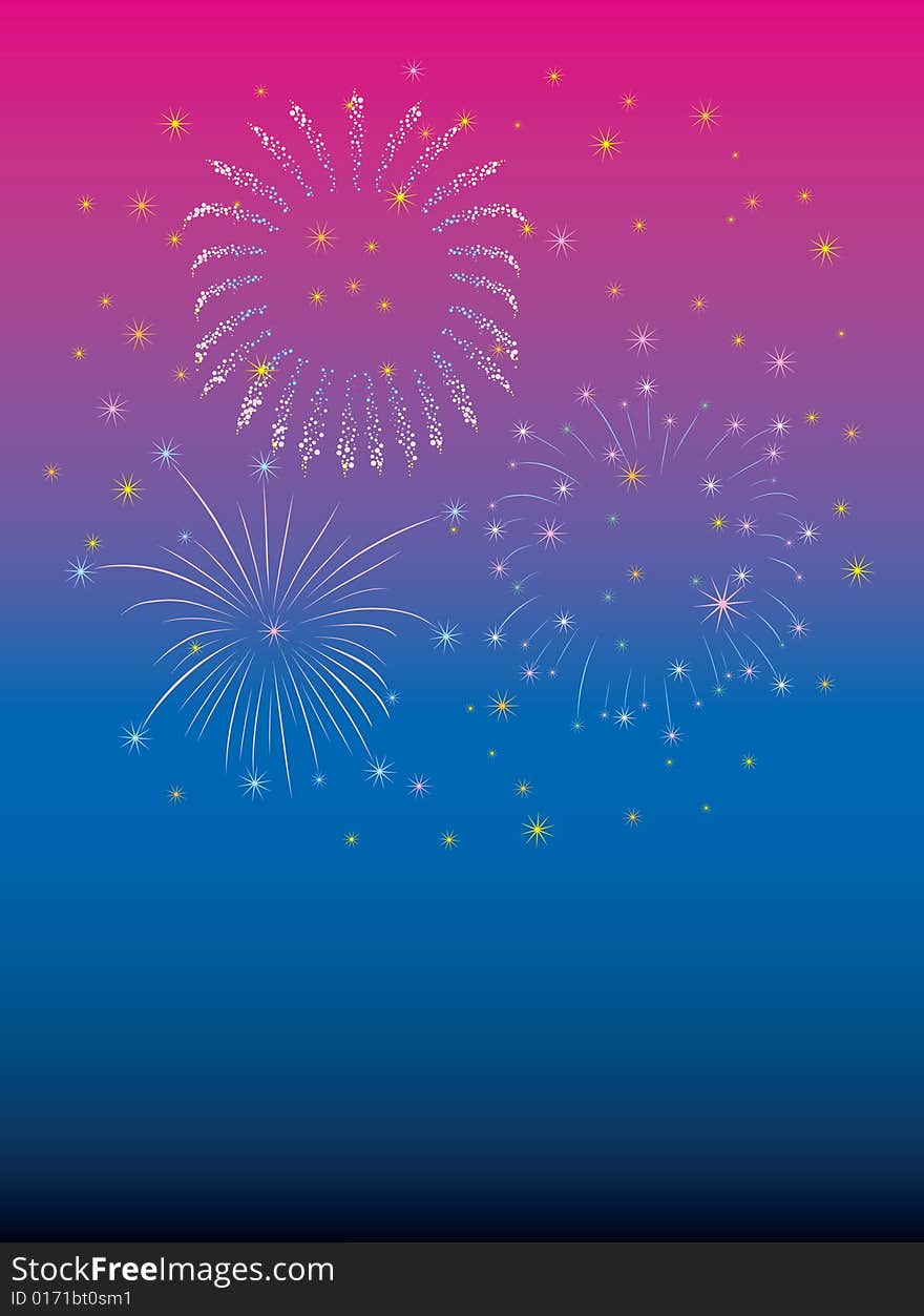 Firework display on Fourth of July or New Year's Eve greetings card. Firework display on Fourth of July or New Year's Eve greetings card