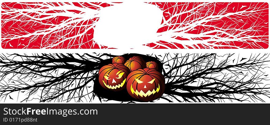 Pumpkins and bats against clumsy branches of trees. Pumpkins and bats against clumsy branches of trees