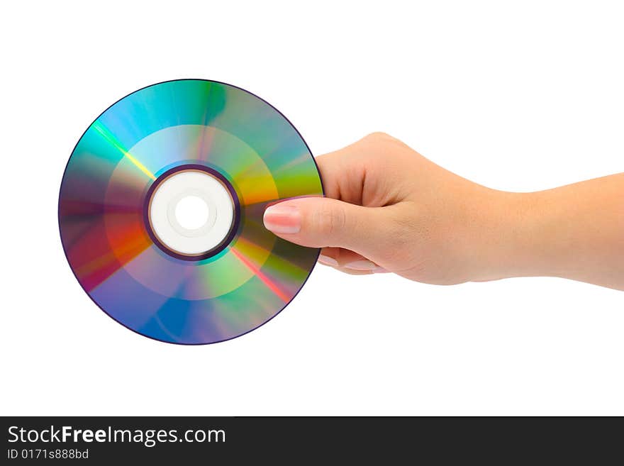 Hand with computer disk isolated on white background