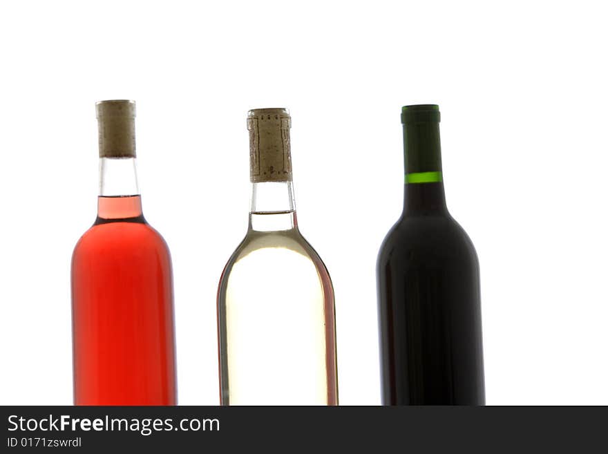 Three wine bottle red, white and rose in a row. Three wine bottle red, white and rose in a row