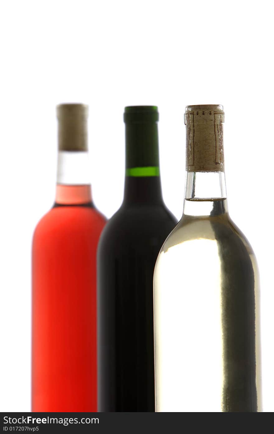 Three wine bottle red, white and rose in a row. Three wine bottle red, white and rose in a row