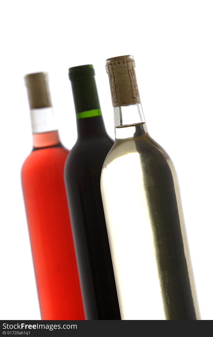 Three wine bottle red, white and rose in a row. Three wine bottle red, white and rose in a row