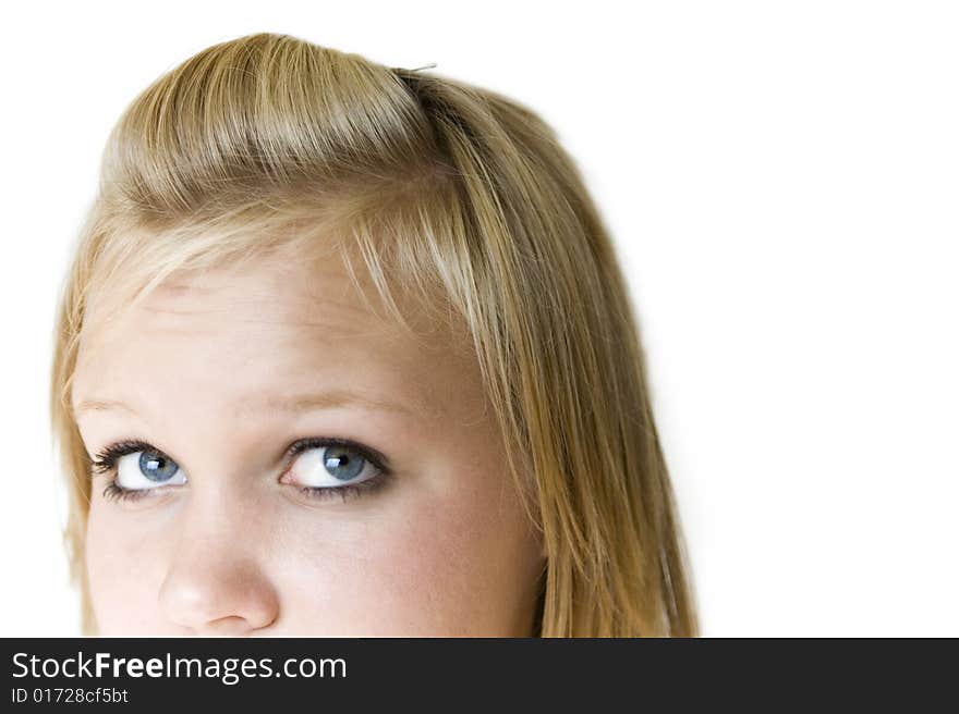 Young teenage girl looking to her left with a sad or thoughtful expression. Isolated on white background. See my portfolio for other expressions in this series. Young teenage girl looking to her left with a sad or thoughtful expression. Isolated on white background. See my portfolio for other expressions in this series.