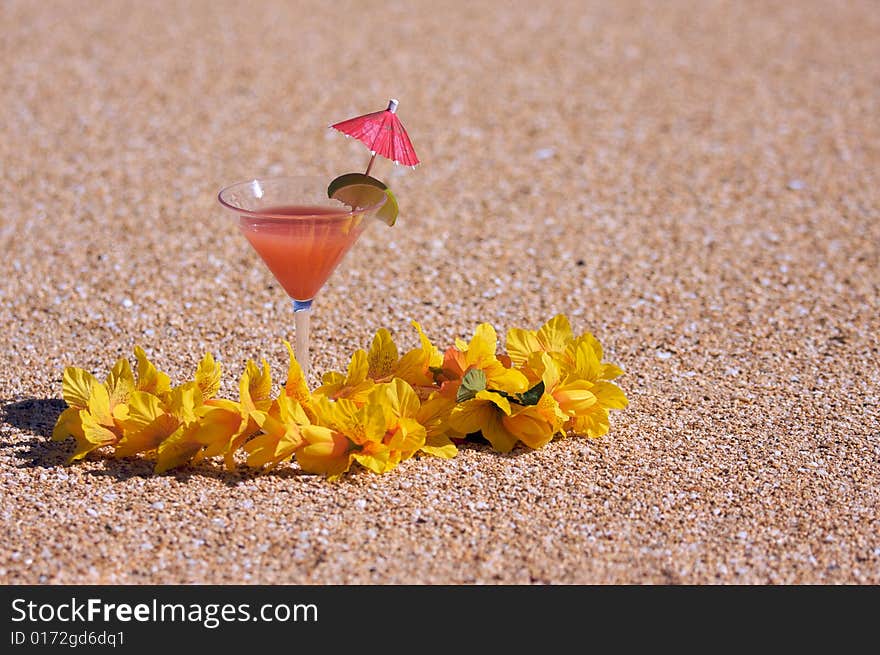 Tropical Drink on Sandy Beach Shoreline. Tropical Drink on Sandy Beach Shoreline