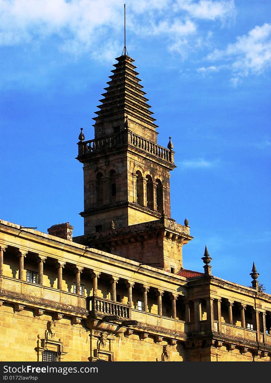 Santiago compostela cathedral tower from outside, galicia spain