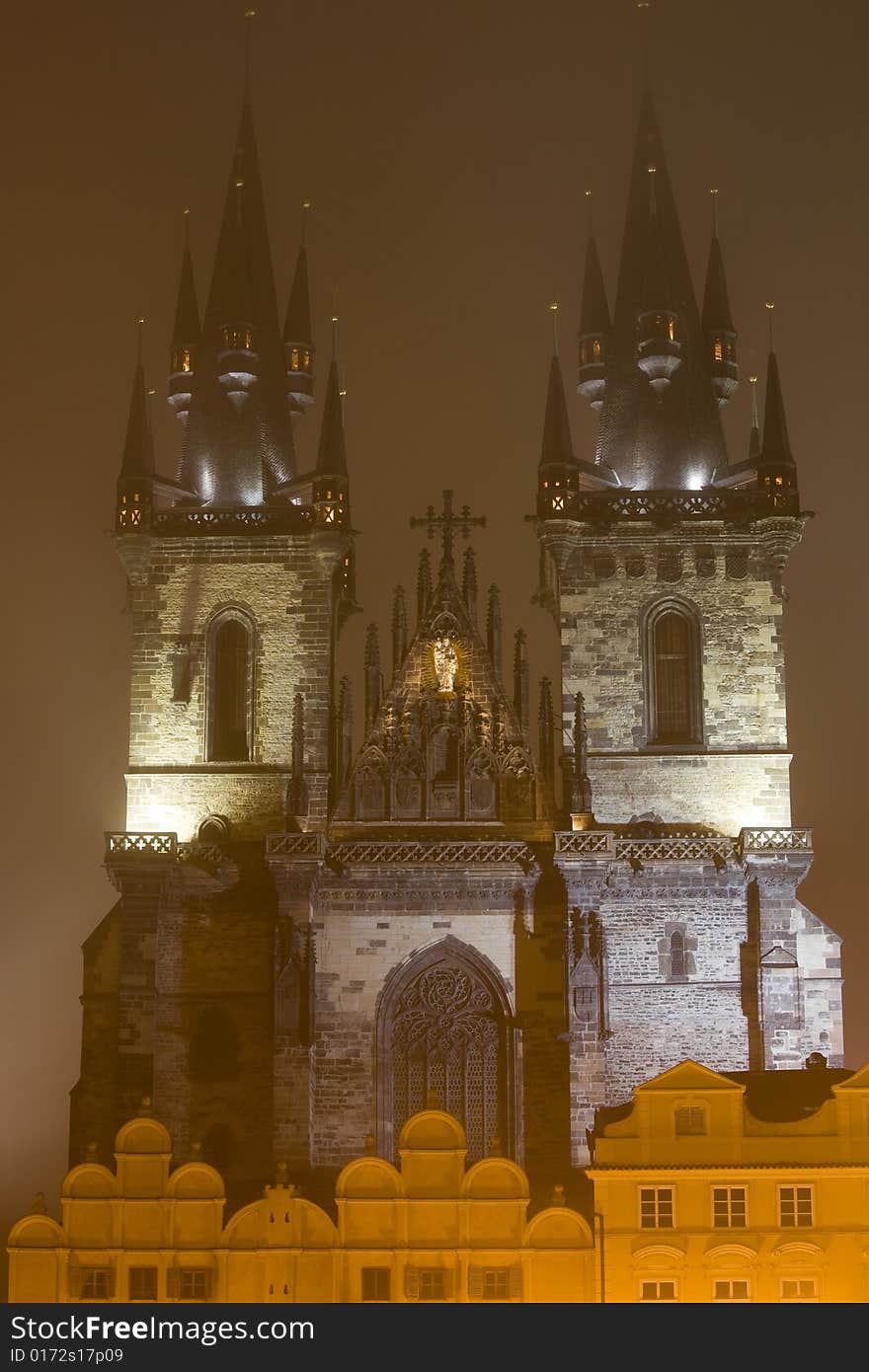 St Teyn cathedral on Old Town Square in Prague surrounded by fog. St Teyn cathedral on Old Town Square in Prague surrounded by fog.