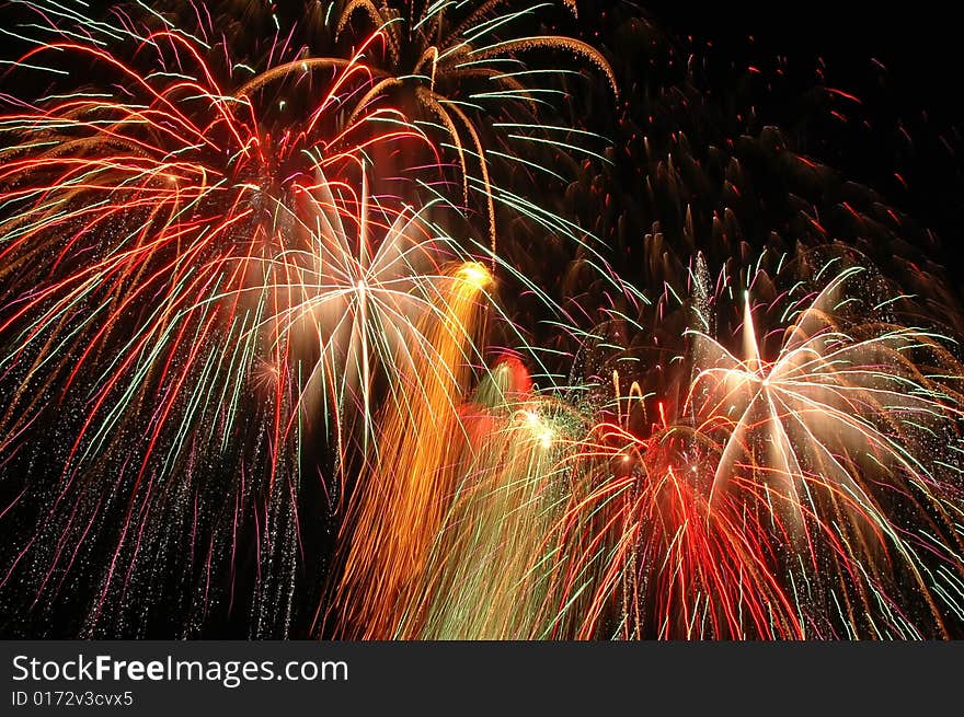 Colorful fireworks on the dark sky.