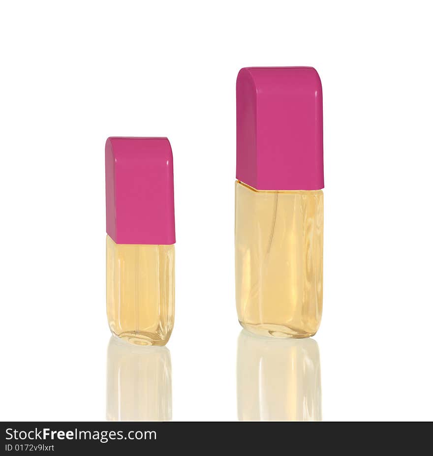 Two bottles of perfume on white background with reflection