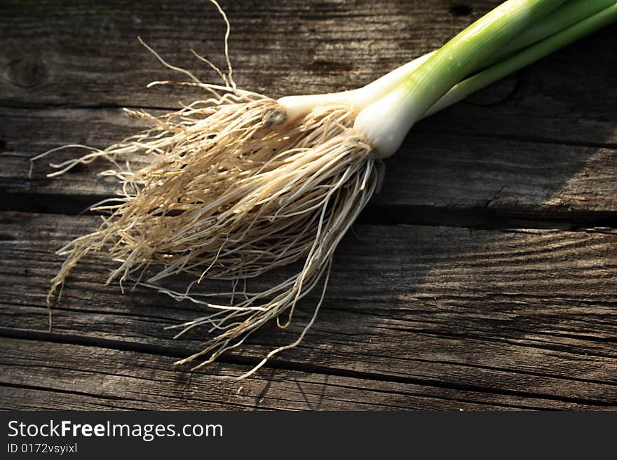 Organick leek on weathering wooden table