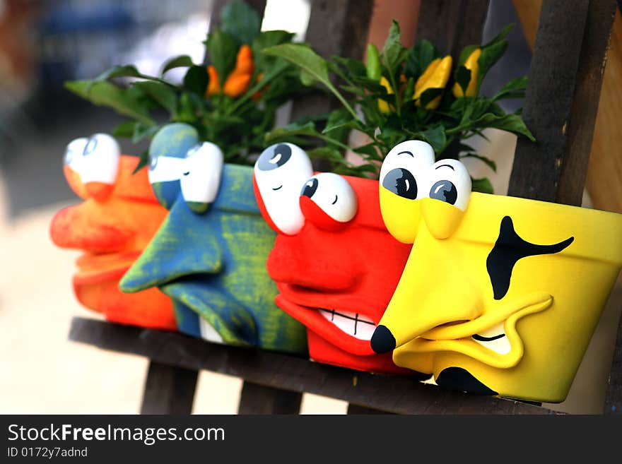 Close-up of colorful  flowerpots.