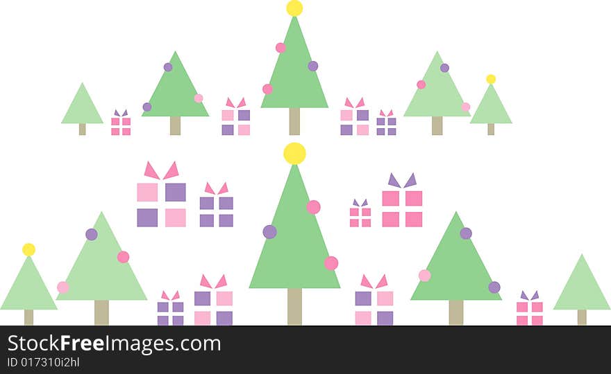 Simple pastel-colored illustration of decorated christmas trees and gift parcels; isolated. Simple pastel-colored illustration of decorated christmas trees and gift parcels; isolated