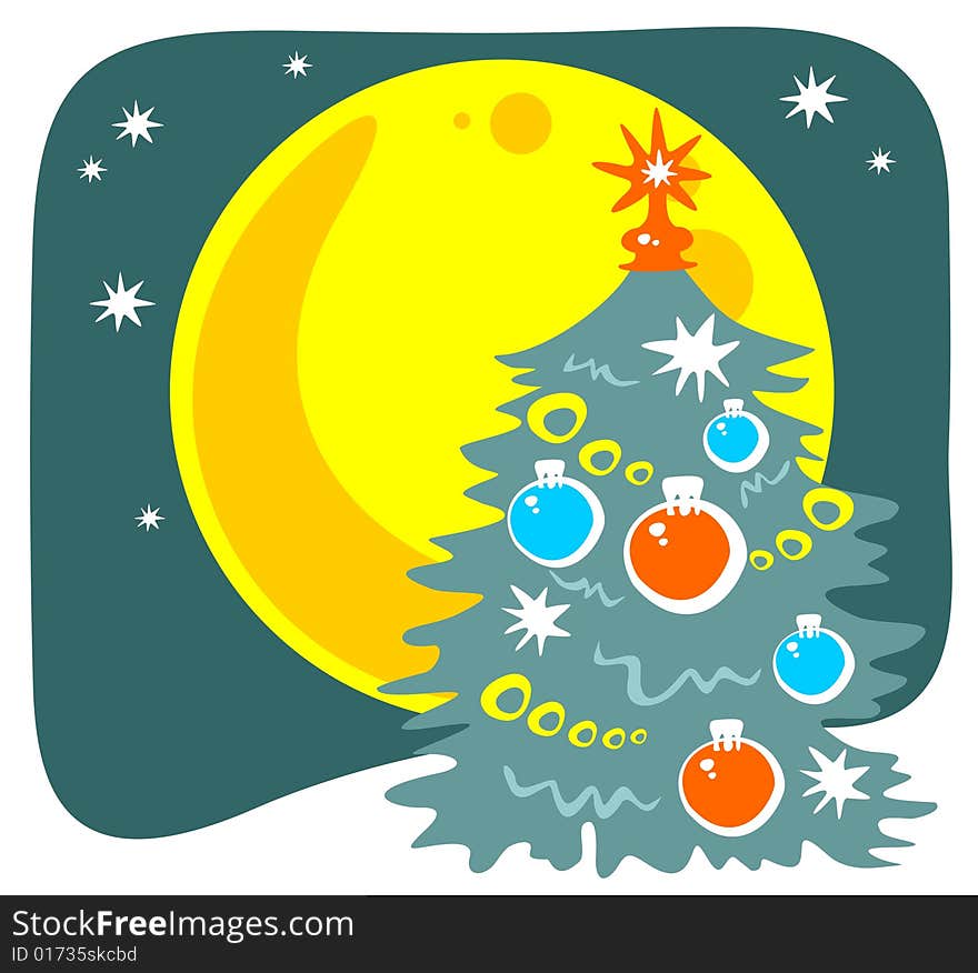 Cartoon christmas tree and moon on a night sky background.