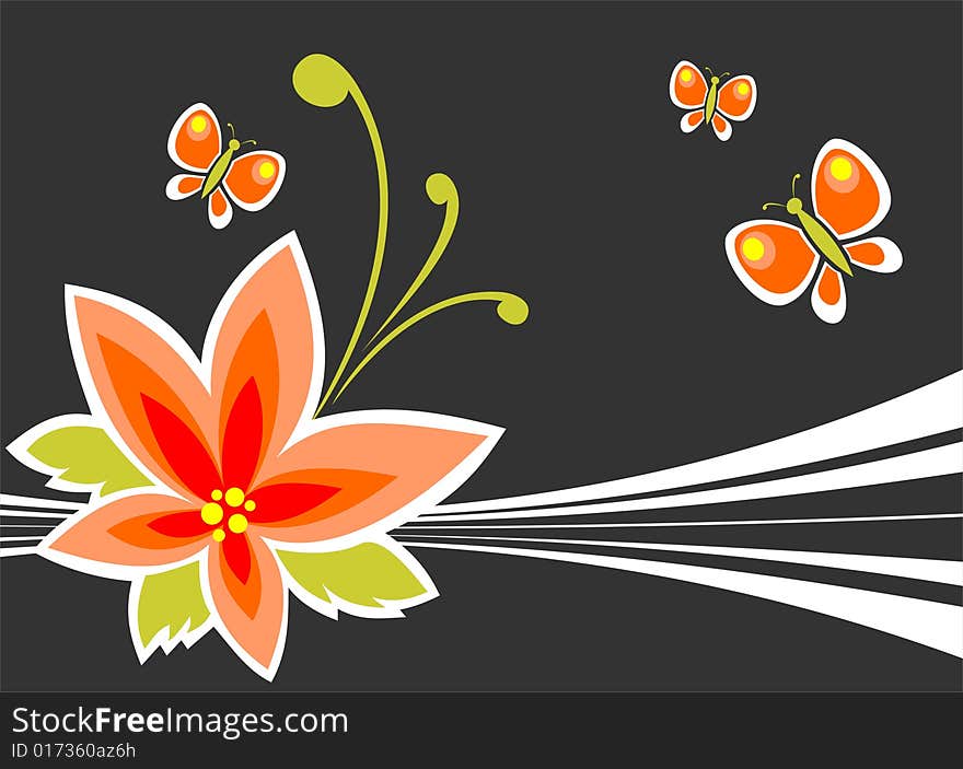 Cartoon flower and butterflies on a black striped background.