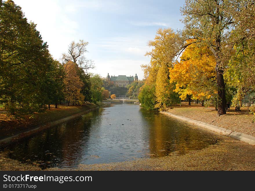 Pond in autumn city park. Pond in autumn city park