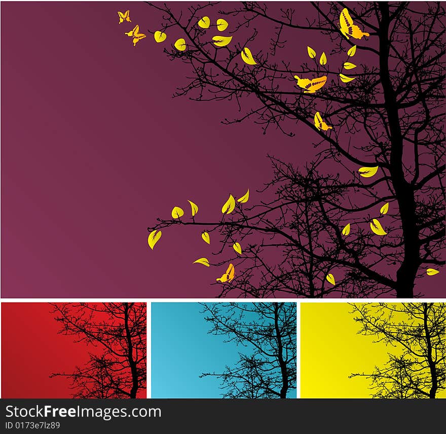 Autumn tree background with yellow leaves and butterflies