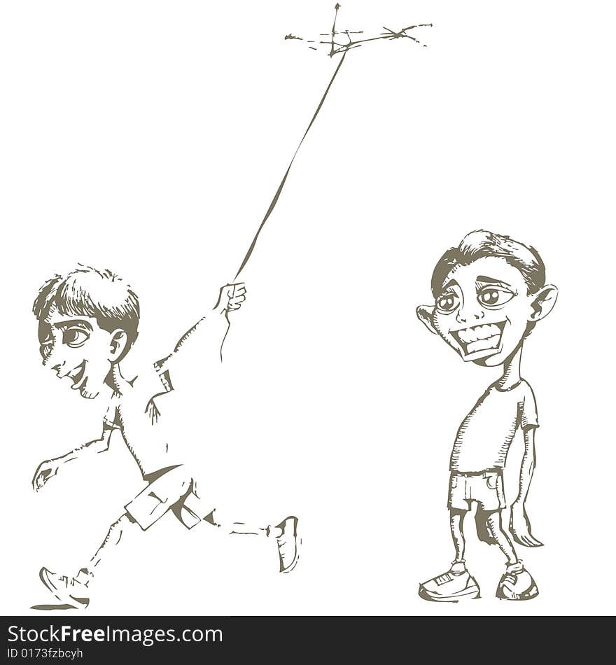 Sad boy and boy flying kite. Sad boy and boy flying kite