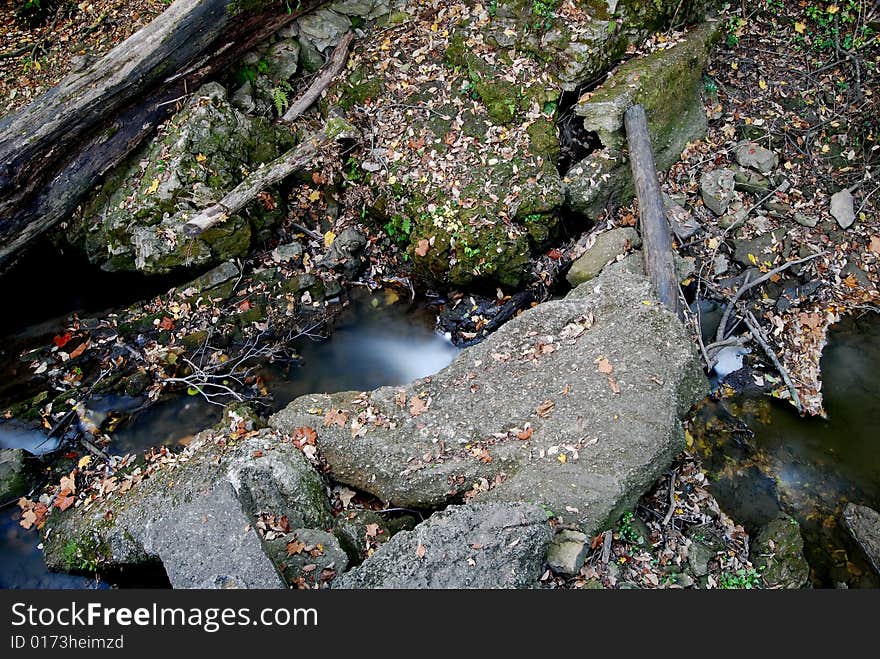 This is an Autumn scene.It contains many elements of a fall scene. It has fallen timber, water, leaves and other objects that remind us of fall.