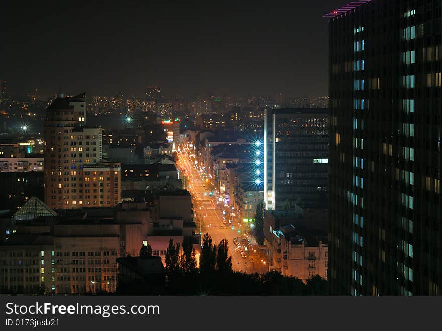 Brightly Lit Street In Night City, Kyiv