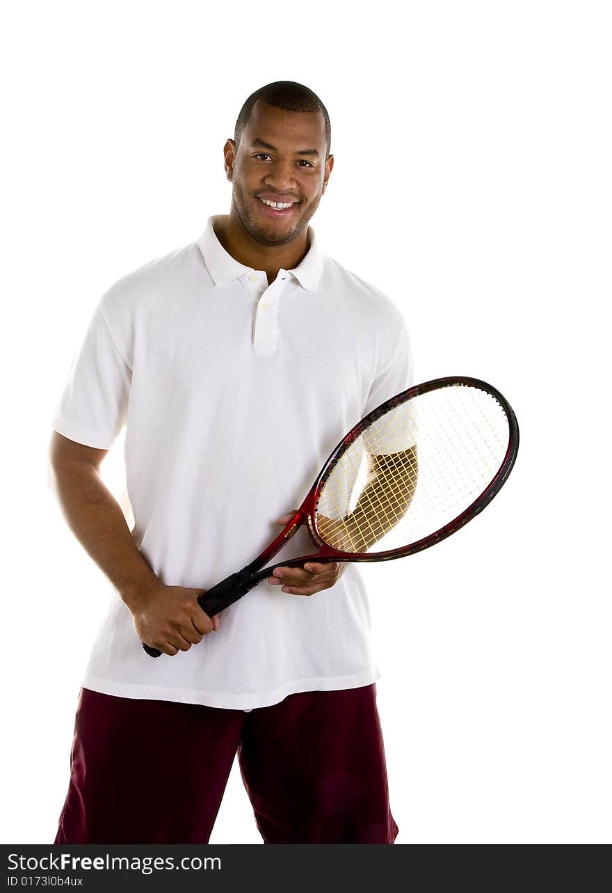 Black Man In White Shirt With Tennis Racket