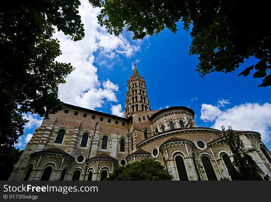 Wide angle view of the Saint-Sernin basilica in Toulouse, France. Wide angle view of the Saint-Sernin basilica in Toulouse, France.