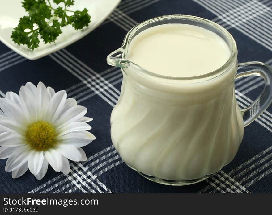 Milk pitcher on the blue checked table cover and the camomile. Milk pitcher on the blue checked table cover and the camomile