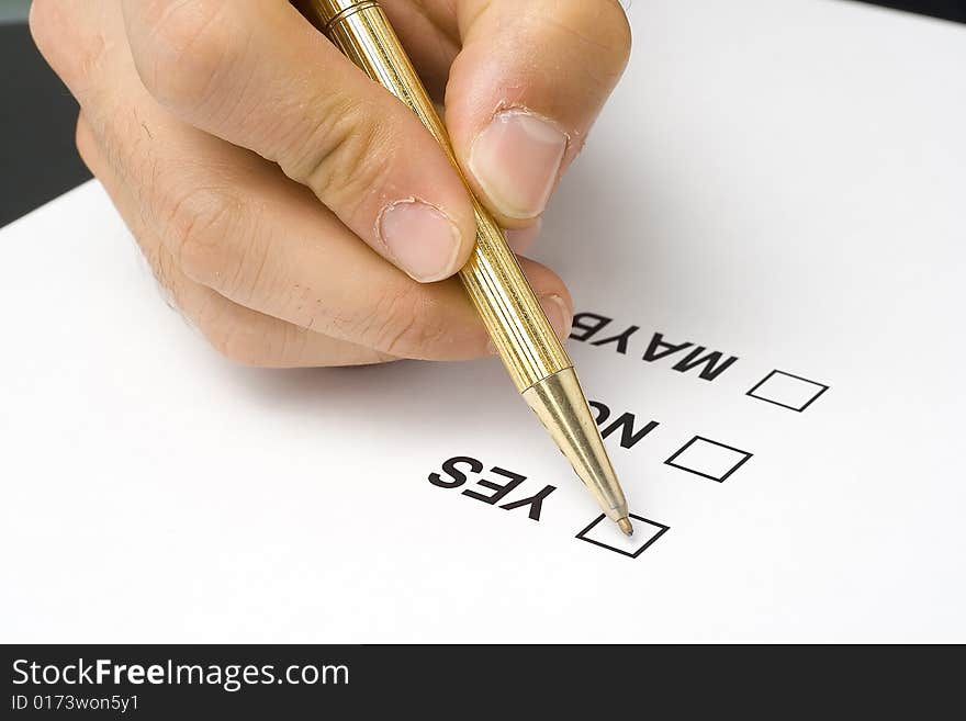 Businessman filling out a questionnaire quality of service. Businessman filling out a questionnaire quality of service