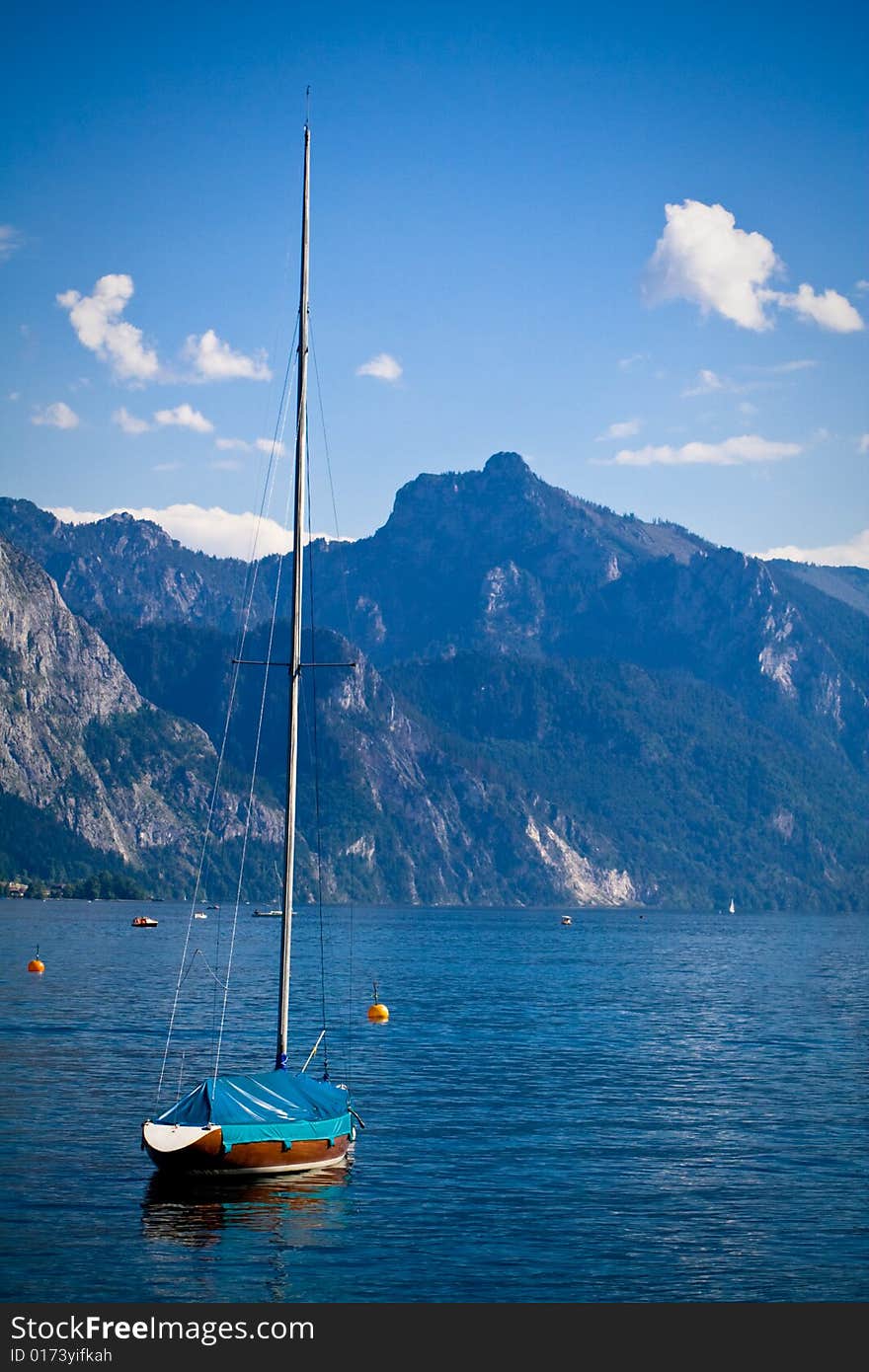 Sailing ship on berth. Alpine lakes (Austria)