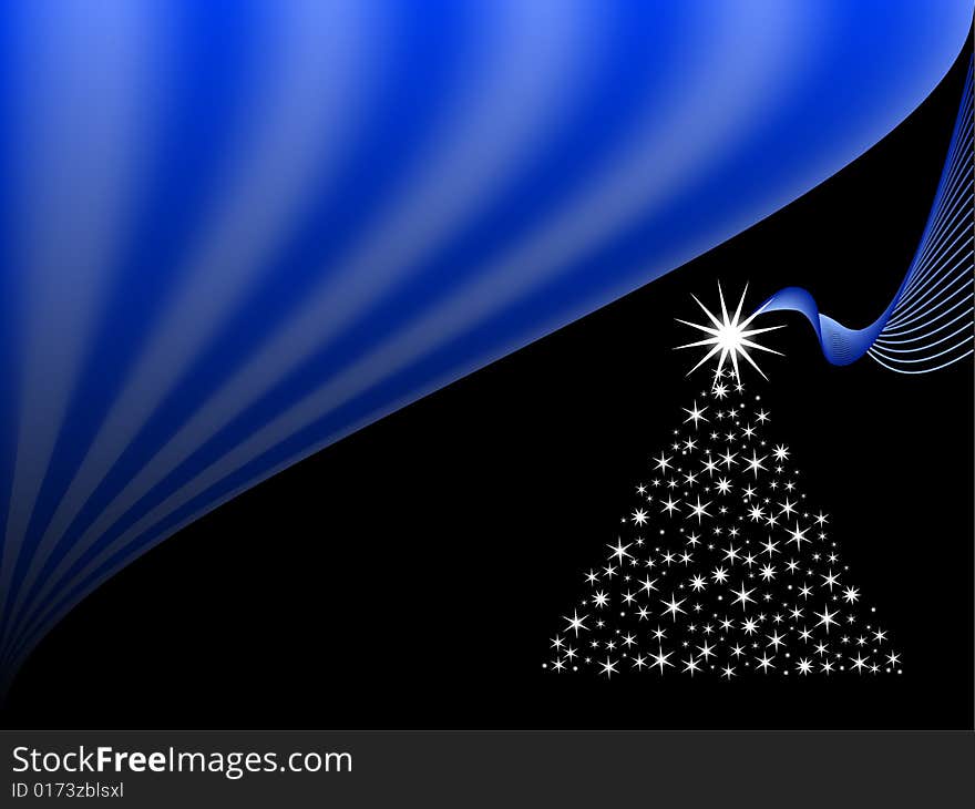 Bright Christmas tree on black background with abstract blue gradient curtain (Vector file AI8 compatible).