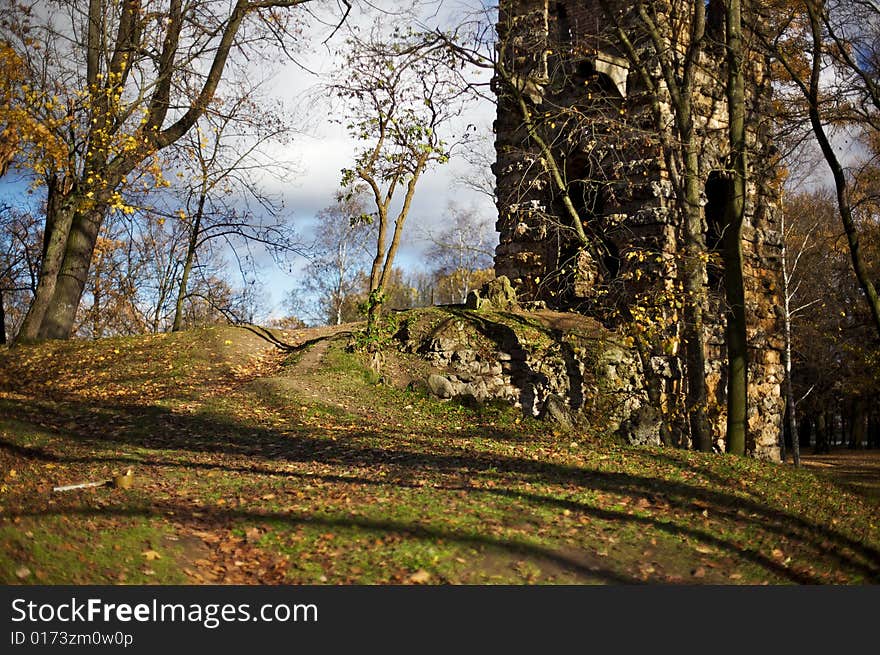 Destroyed castle in forest