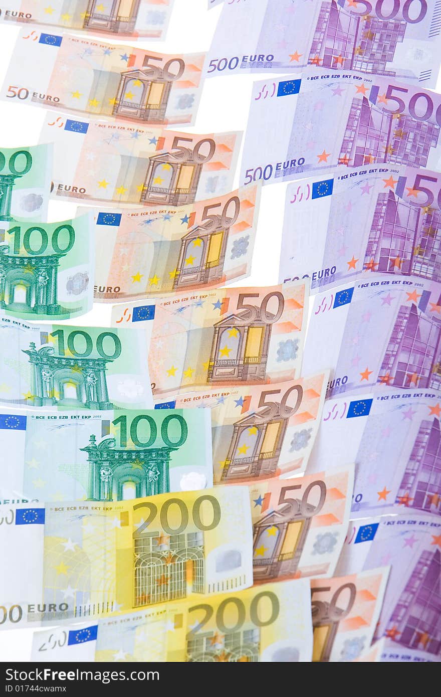 European currency banknotes on white background