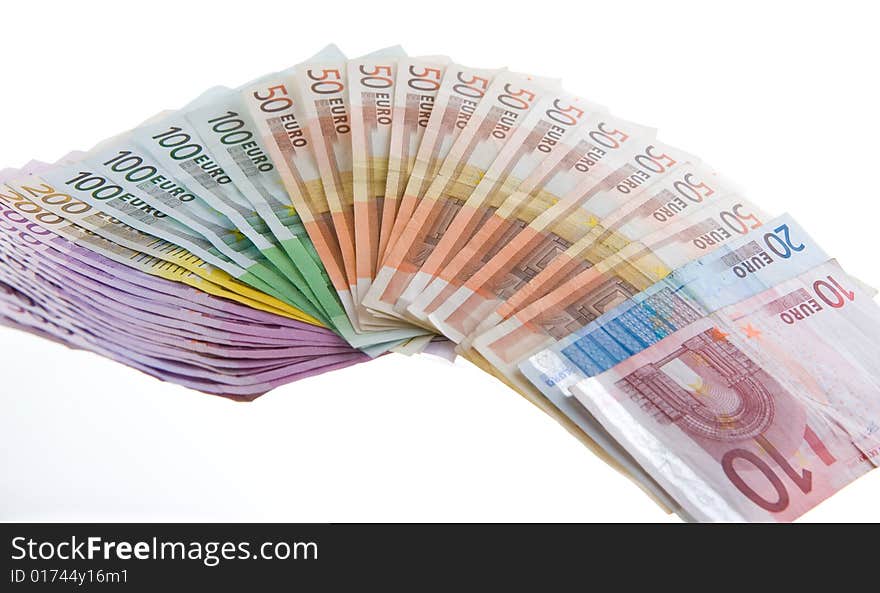 Euro bank notes organized in a flapper isolated on white background