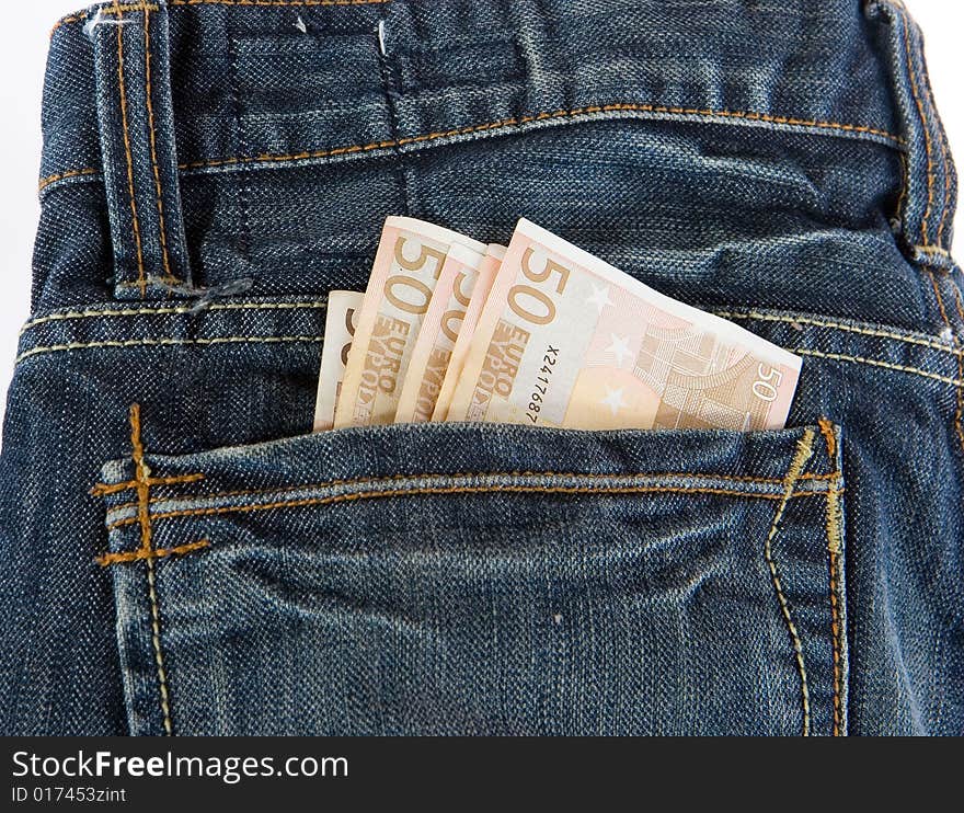 Bunch of Euro banknotes in the back pocket