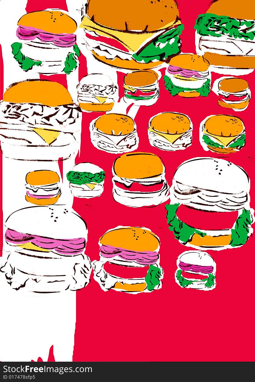 Pop Art Hamburgers and Cheeseburgers on red