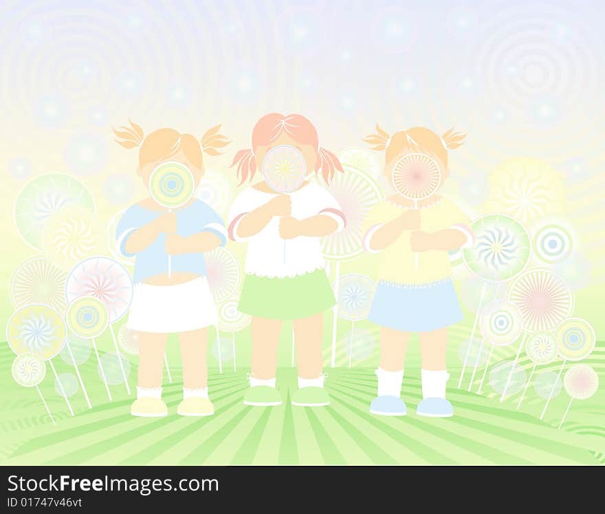 Three girls on the lollipop field, childish  illustration. Three girls on the lollipop field, childish  illustration.