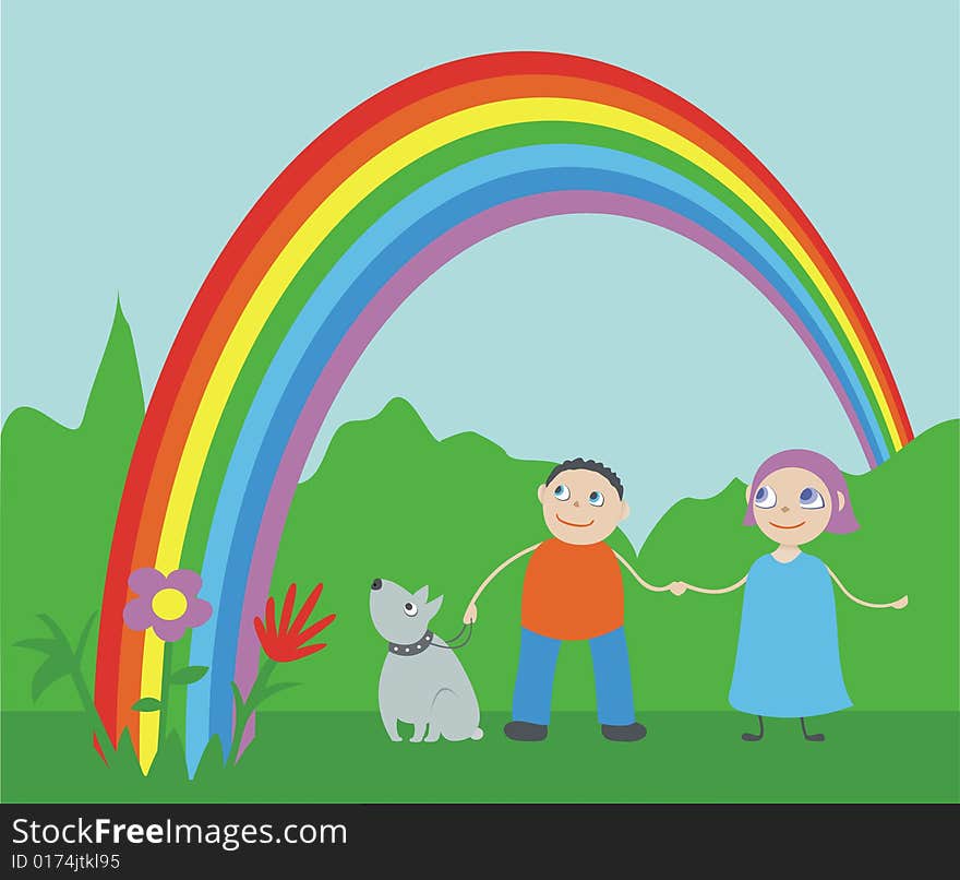 Happy children and a dog are looking at the rainbow. Happy children and a dog are looking at the rainbow.