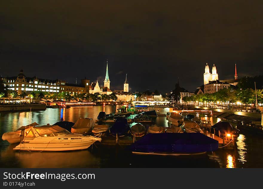 The night view of major landmarks in Zurich