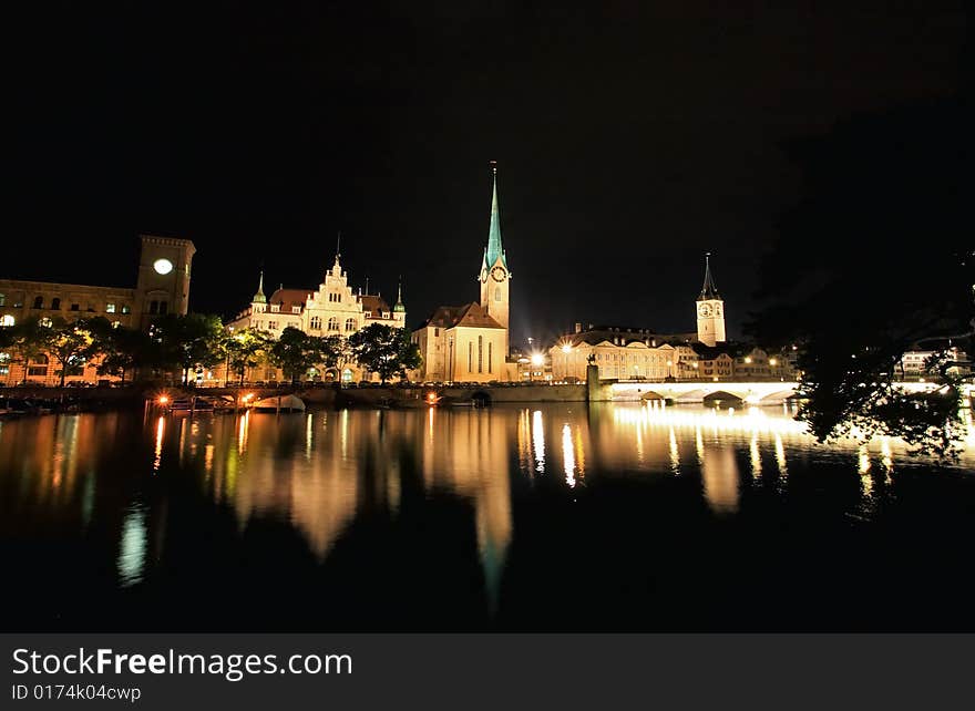 The Night View Of Major Landmarks In Zurich