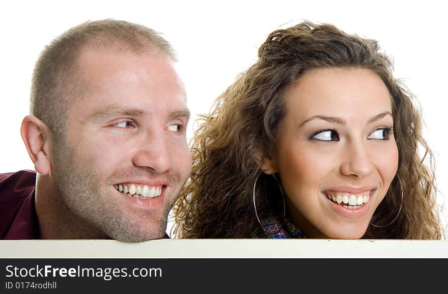 Young love couple hide and seek play, isolated on white back