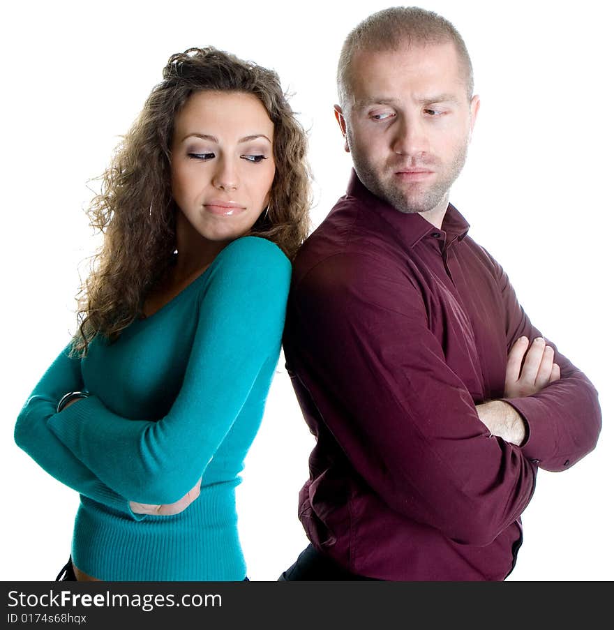 Sulky young love couple , isolated on white back