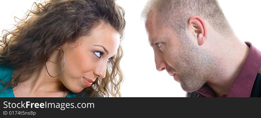 She against him, young lovers, isolated on white background