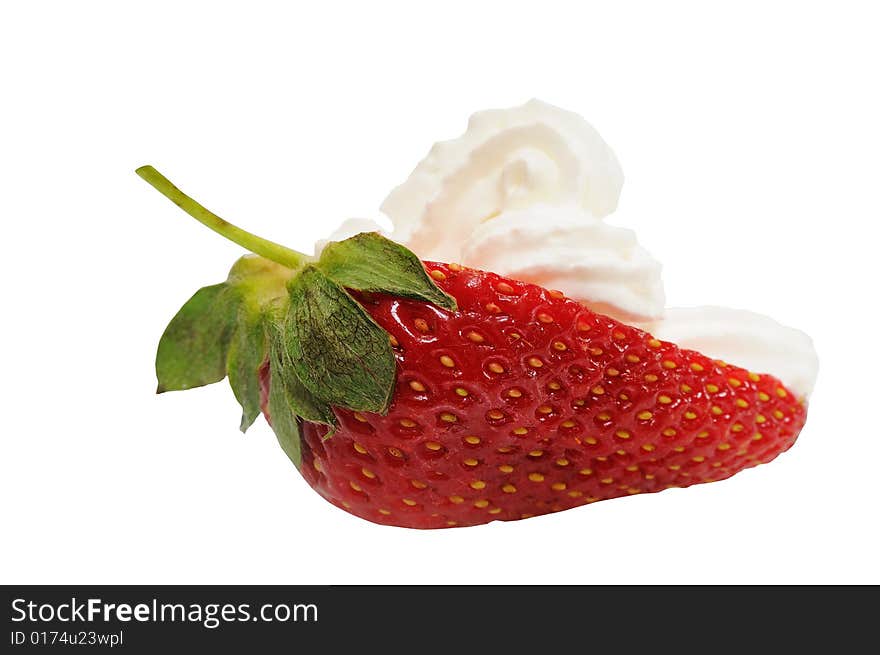 Half of strawberry with cream. isolated on white