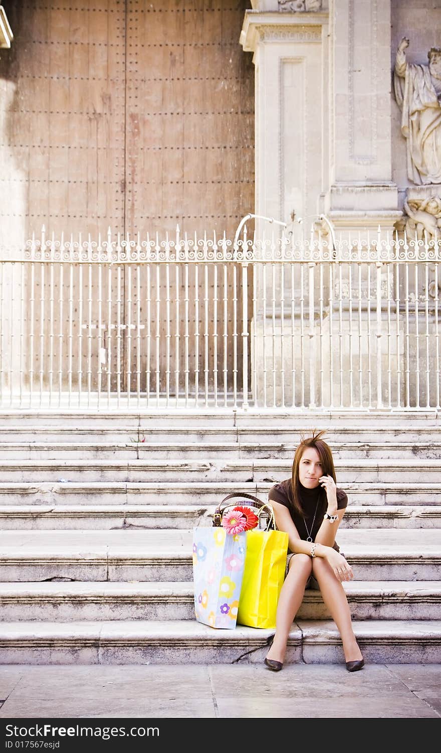 Young woman having a phone chat after shopping. Young woman having a phone chat after shopping.