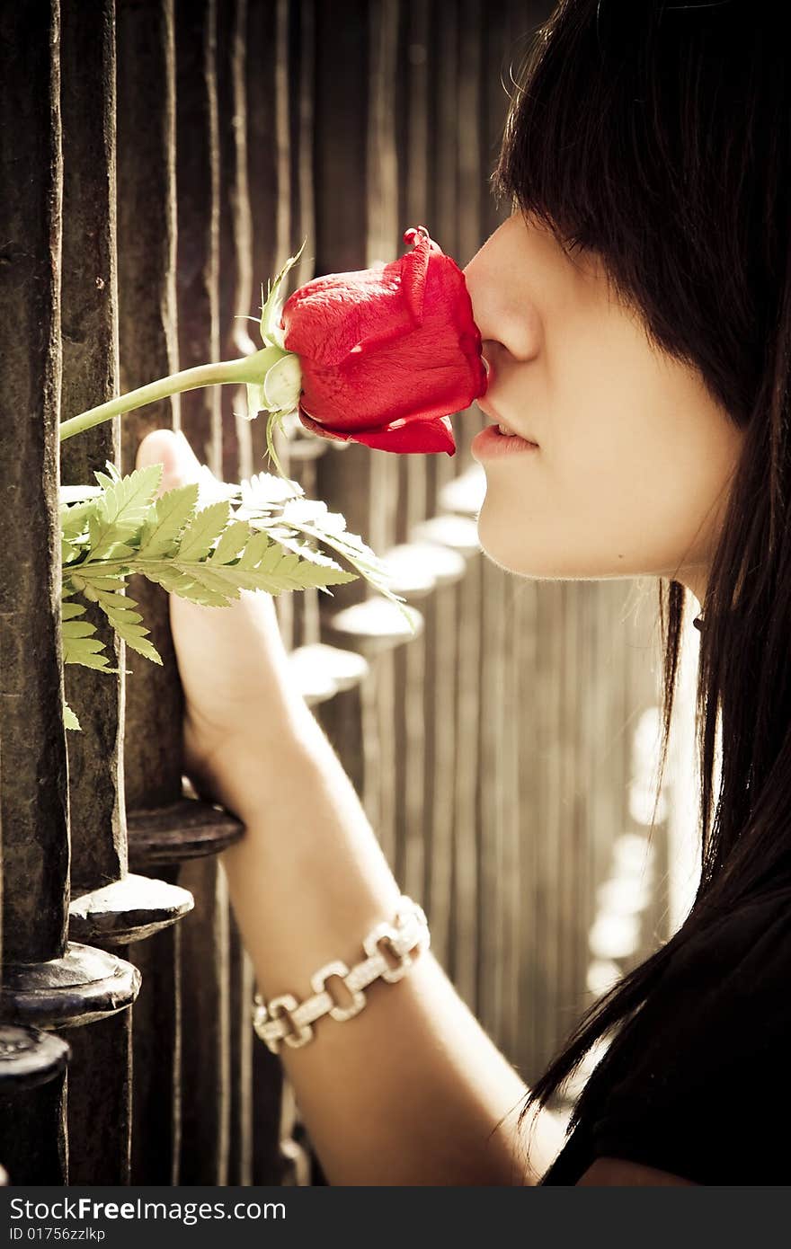 Young anonymous woman smelling a red rose behind metal fence. Young anonymous woman smelling a red rose behind metal fence.