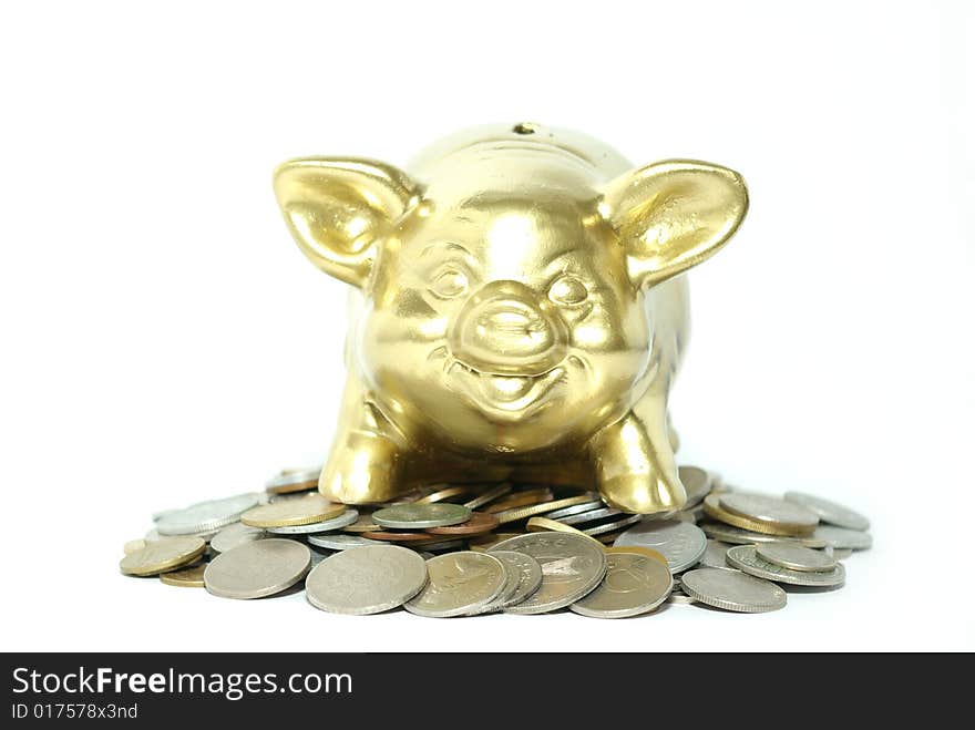 Piggy bank isolated on white background with coins. Piggy bank isolated on white background with coins