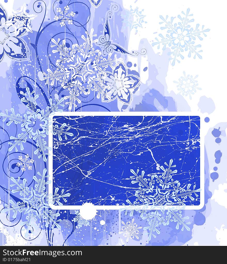 Blue grunge frame ,watercolor background, flowers & snowflakes. Blue grunge frame ,watercolor background, flowers & snowflakes