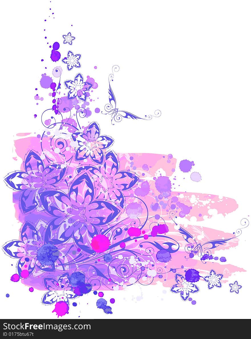 Grunge watercolor background & floral ornaments. Grunge watercolor background & floral ornaments